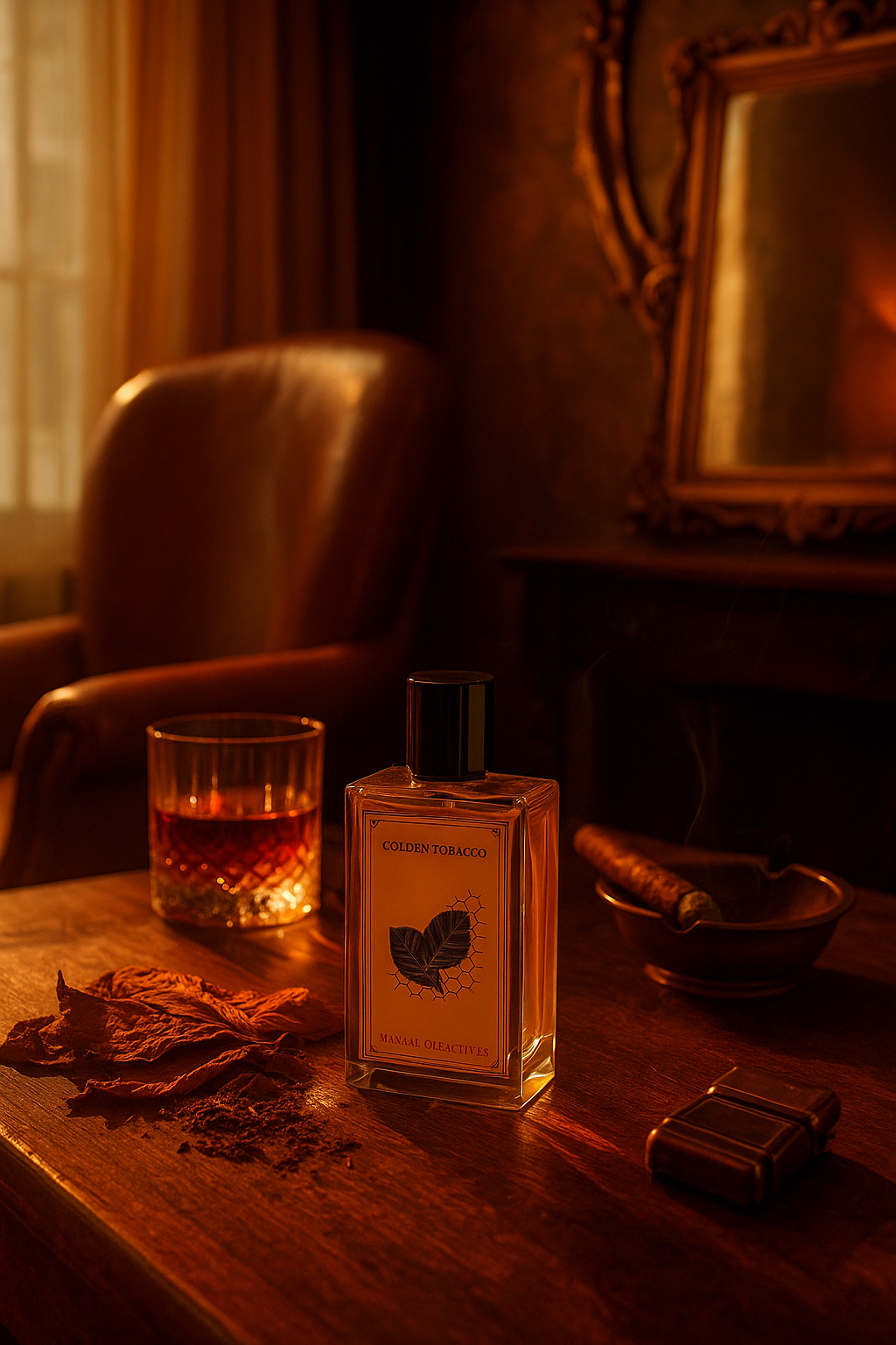 Perfume bottle on a wooden table with a glass of whiskey and a bowl, in a warm-toned room.